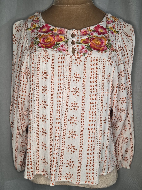 Savanna Jane Tops - Savanna Jane Embroidered Floral Peasant Top - Pink & Rust Size Medium